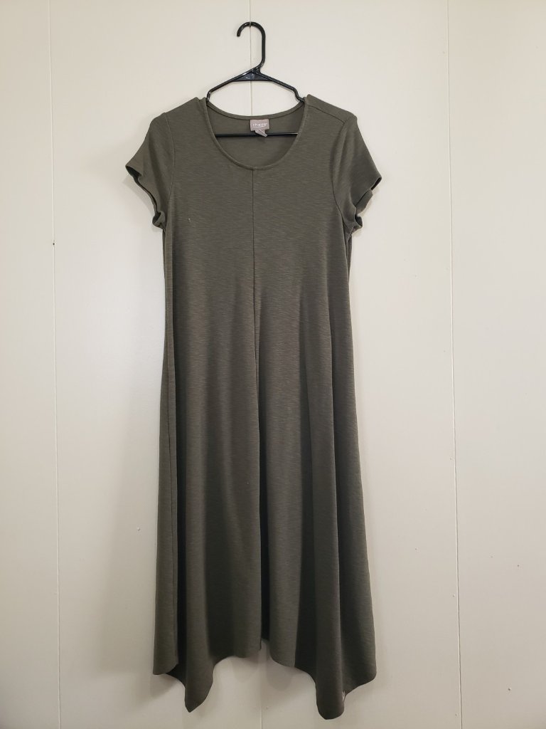 Chicos 1 Womens 8 Midi T-Shirt Dress Olive Green Casual Stretch Knit Lagenlook